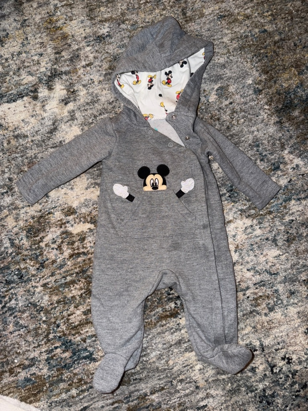 Disney Gray Mickey Mouse Hooded Footed One-Piece-0-3 months